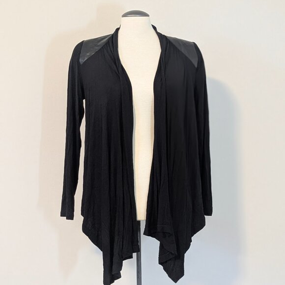 Black Open Cardigan Blazer with Faux Leather Trim - Cleo Small Medium - Picture 3 of 4